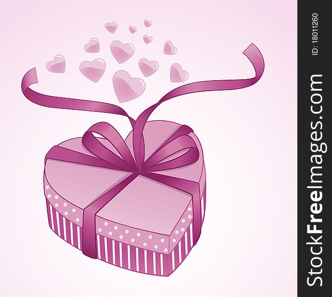 Cute pink valentine gift box with satin bow and glossy hearts