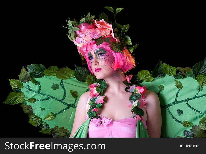 Spring Fairy portrait of model on black background. Spring Fairy portrait of model on black background