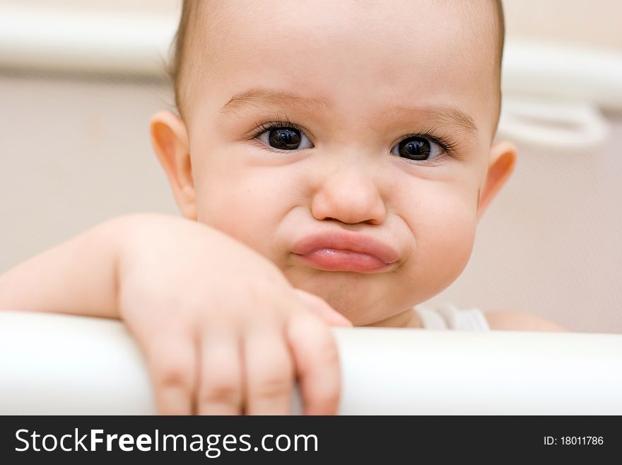 Fun caucasian baby paying the ape in manege