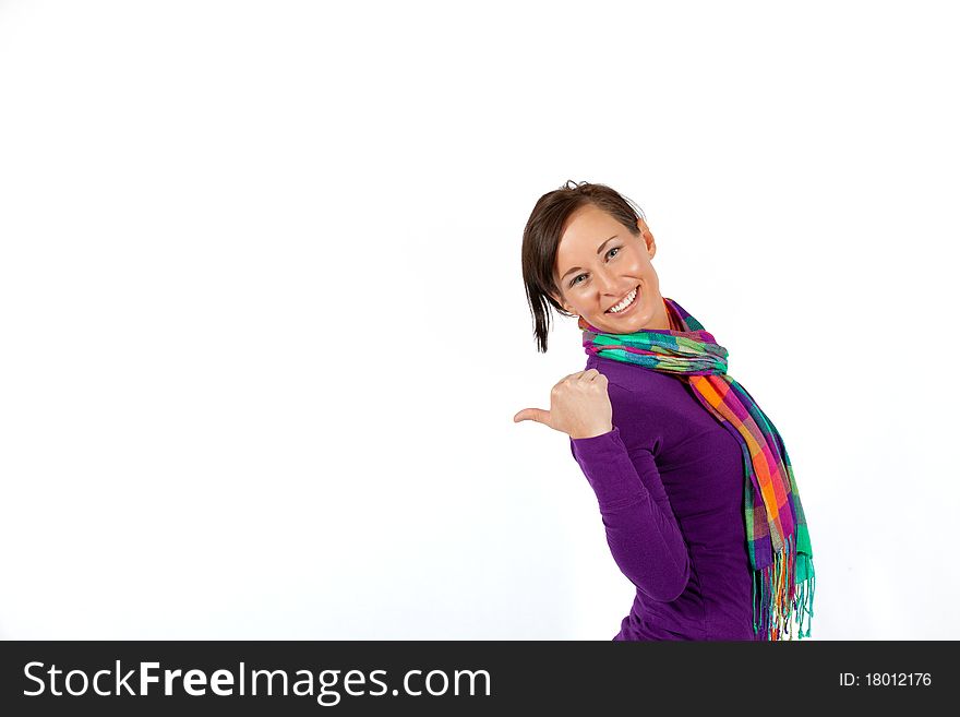 Woman Gestures Towards Copy Space
