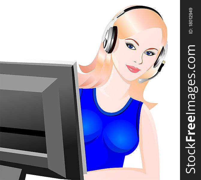 Vector young beautiful girl telephone operator