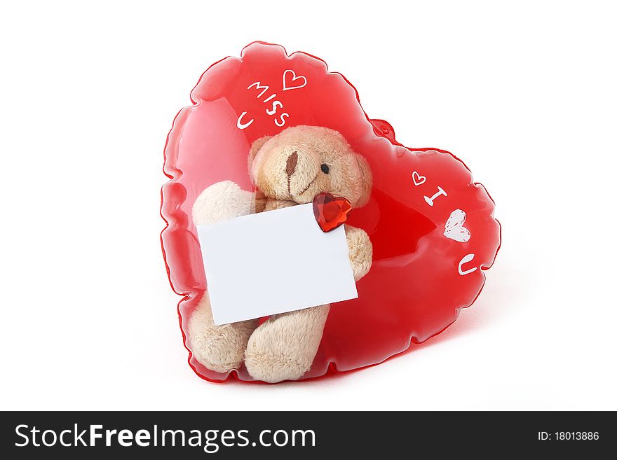 Dolly bear in heart balloon with blank card isolated on white background