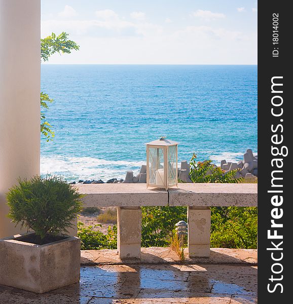 Fragment of arbour with columns ashore sea. Fragment of arbour with columns ashore sea