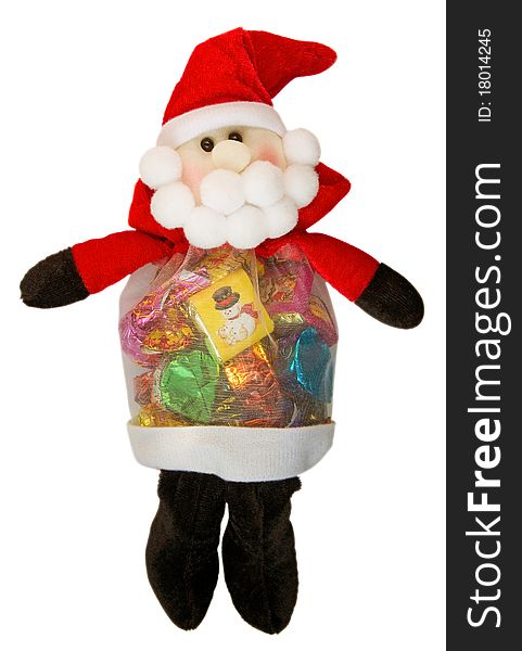 Santa Claus doll with chocolate sweets inside. Clipping Path.