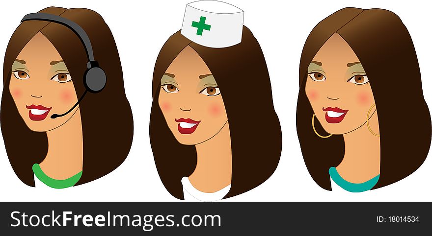 Collection of three different women profession avatars. Collection of three different women profession avatars.