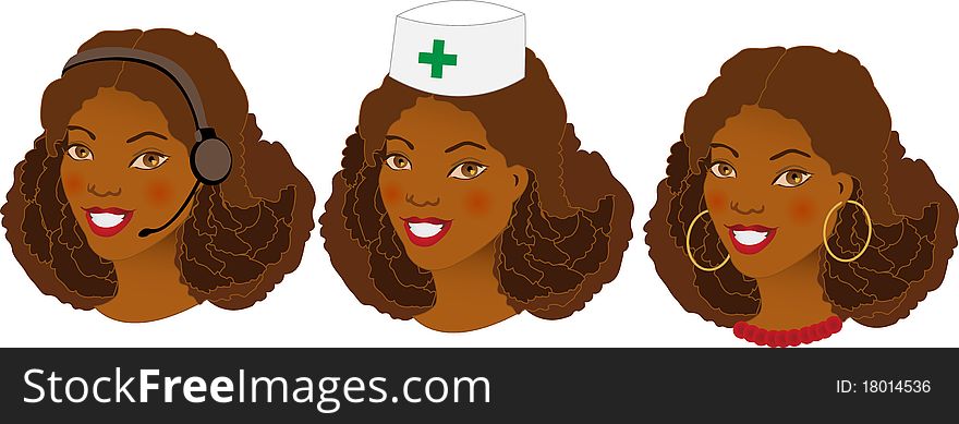 Collection of three different women profession avatars. Collection of three different women profession avatars.