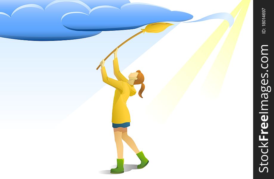 Illustration of a girl sweeping clouds from the sky. Illustration of a girl sweeping clouds from the sky