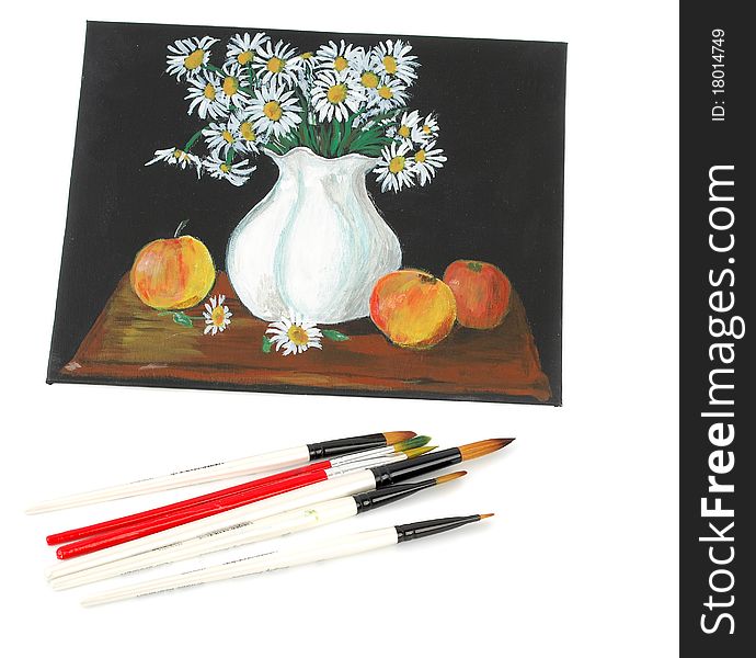 Picture acrylic paints on a canvas with white vase, flowers and apples with brushes isolated on the white background. Picture acrylic paints on a canvas with white vase, flowers and apples with brushes isolated on the white background.