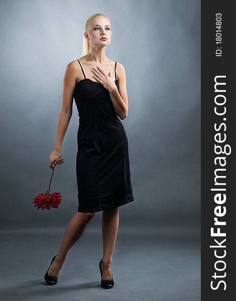 Elegant blonde girl in black dress and red flower at hand. Elegant blonde girl in black dress and red flower at hand