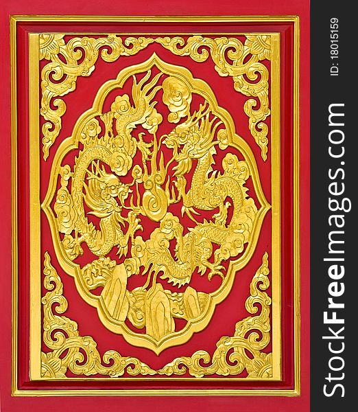 Golden dragon decorated on red wood wall,chinese style in temple at Wat-Leng-Noei-Yi2 , Bang-Bua-Thong, Nonthaburi, Thailand