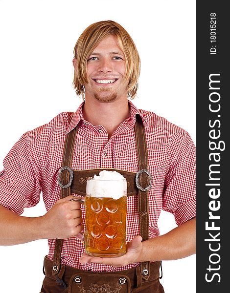 Happy smiling man with leather trousers (lederhose) holds oktoberfest beer stein. Isolated on white background. Happy smiling man with leather trousers (lederhose) holds oktoberfest beer stein. Isolated on white background.
