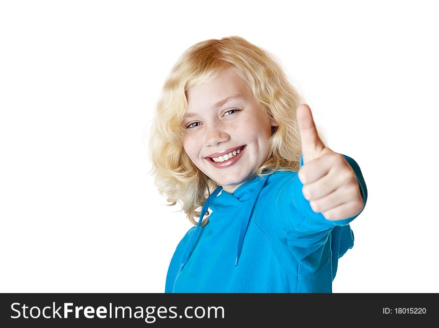 Young beautiful girl / child shows thumb up