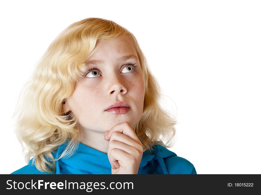 Young beautiful girl looks contemplative in the air. Isolated on white background.