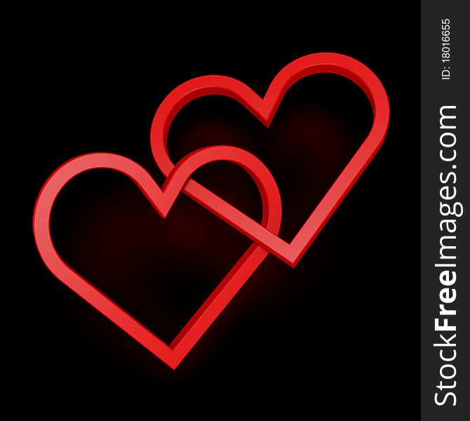 3d render of two interconnected heart shapes hovering above black shiny background. 3d render of two interconnected heart shapes hovering above black shiny background