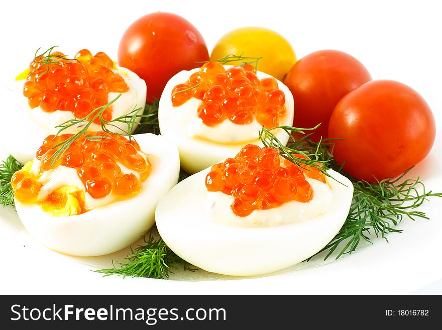 Eggs with caviar and dill tomatoes. Eggs with caviar and dill tomatoes