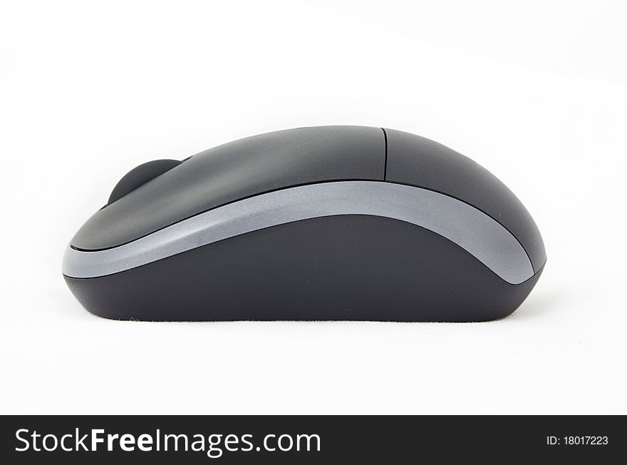 A sleek black and gray computer mouse on a white background.