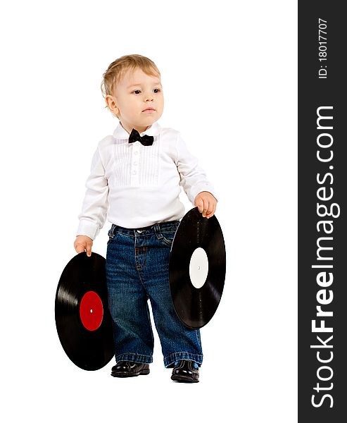 The little boy with phonograph records on white isolated