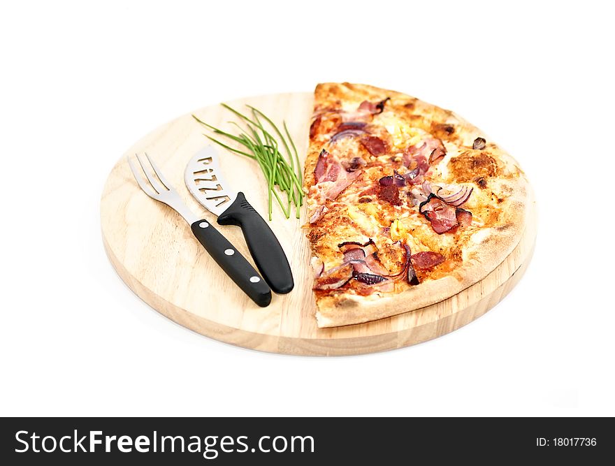 Pizza on wooden platter isolated on white background.