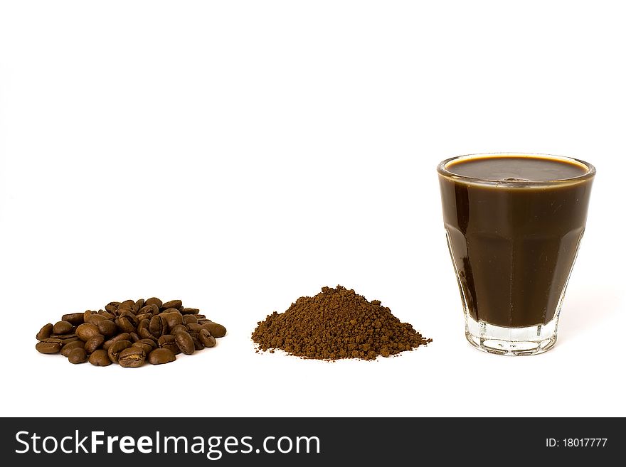 Coffee bean, ground coffee and coffee drink isolated on white background. Coffee bean, ground coffee and coffee drink isolated on white background.