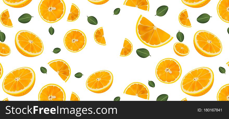 Fresh Orange pattern with green leaf. Fresh orange slices on white background. Orange close-up. Realistic Vector illustration.