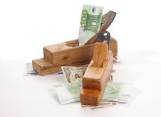 Work And Earn. Old Wood The Planer And Banknotes Stock Photos Work And Earn. Old Wood The Planer And Banknotes Stock Photos