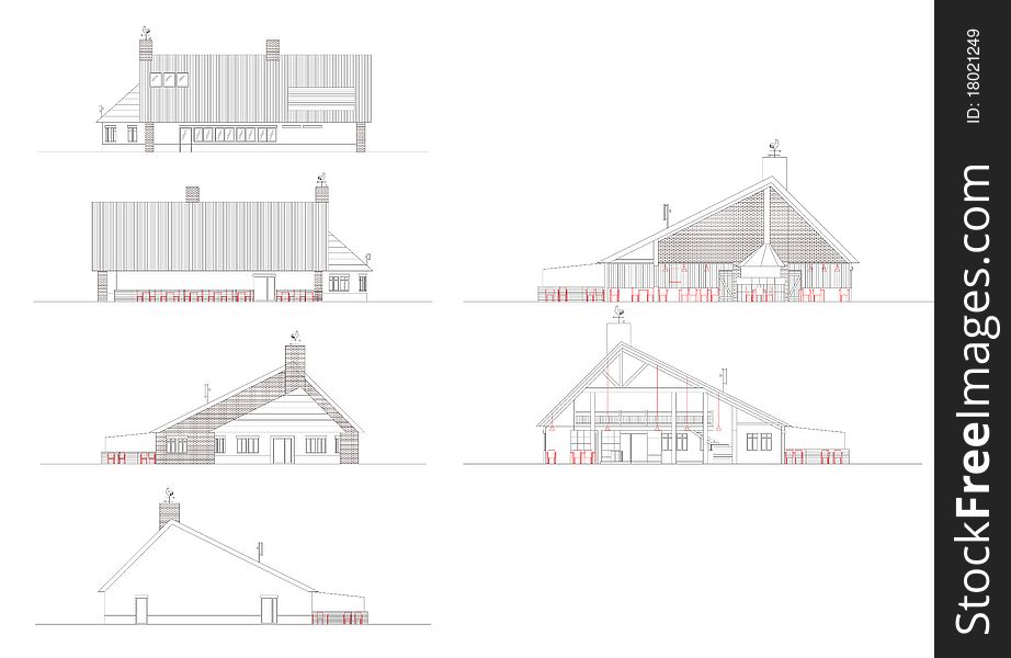 This image represents six facades of a pub made in CAD. This image represents six facades of a pub made in CAD