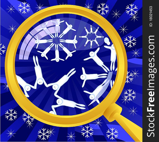The original abstract winter background. Snowflakes under a magnifying glass. Snowflakes are made up of little people holding hands. The original abstract winter background. Snowflakes under a magnifying glass. Snowflakes are made up of little people holding hands.