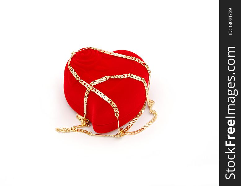 Gold necklace in gift red box holiday