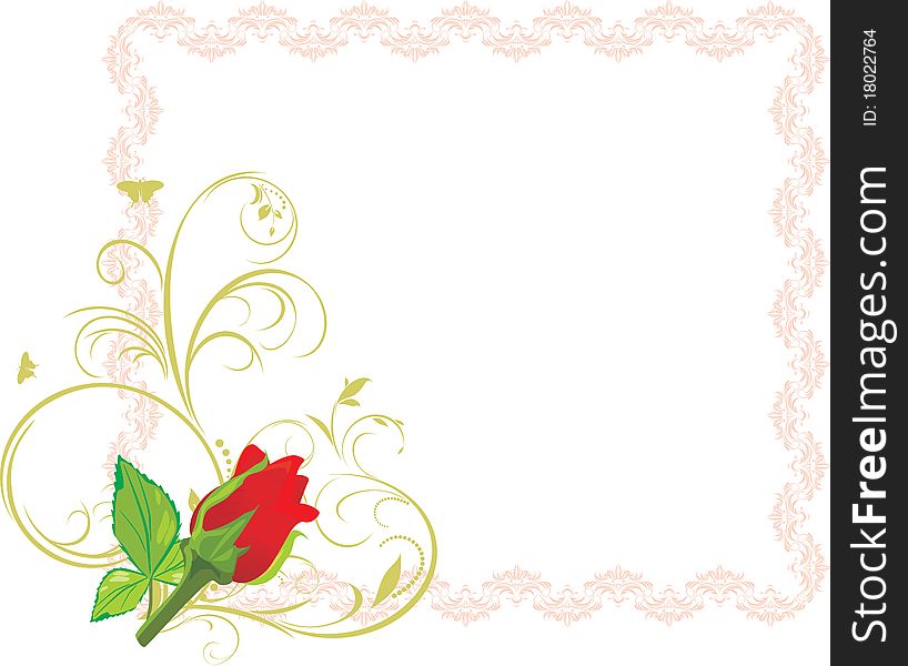 Red rose with floral ornament in the decorative frame. Illustration. Red rose with floral ornament in the decorative frame. Illustration