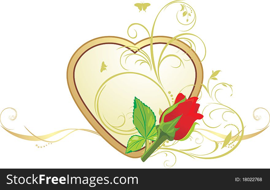 Red rose with floral ornament on the golden heart. Illustration