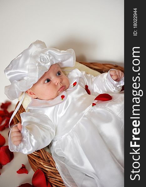 Portrait with little baby girl in a basket