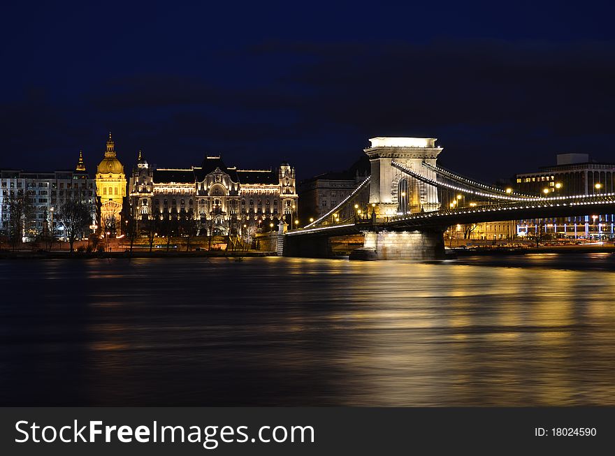 Budapest chain bridge panorama by night. Budapest chain bridge panorama by night