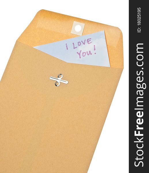 Brown Envelope with I Love You Letter Inside on White.