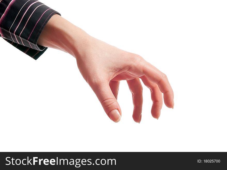 Female hand as it holding something. Isolated on white