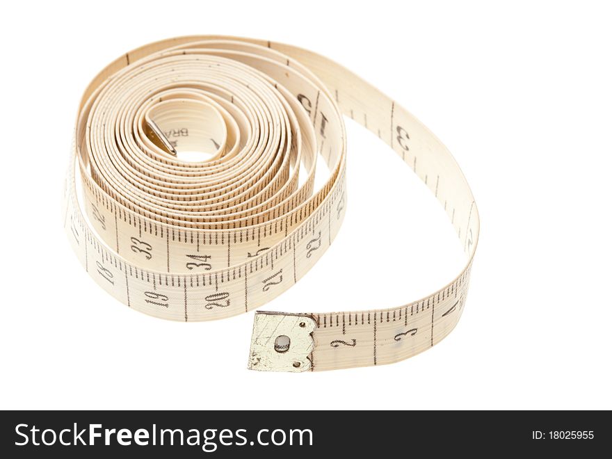 Light measuring tape isolated on a white background. Symbol of a healthy lifestyle and fight obesity