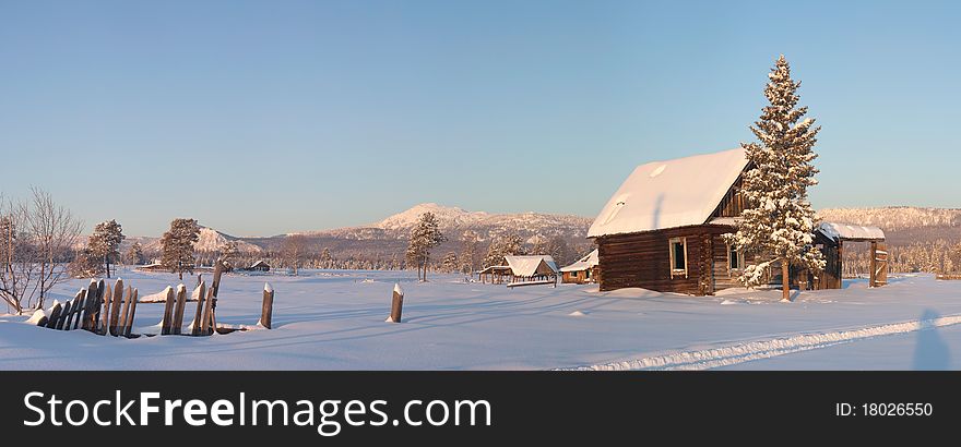 Russia, Southern Ural, Nature of the Southern Ural, village in mountains, arsha village in winter