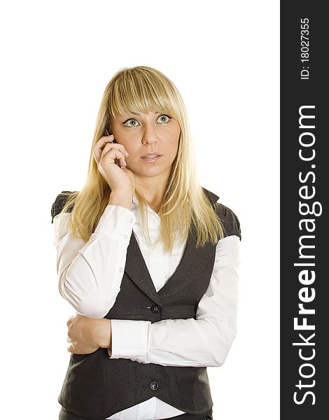 Young business woman talking on the phone. Isolated on white background