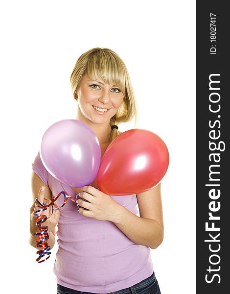 Close-up of a beautiful young woman with colorful balloons balloons. Isolated on a white background. Close-up of a beautiful young woman with colorful balloons balloons. Isolated on a white background