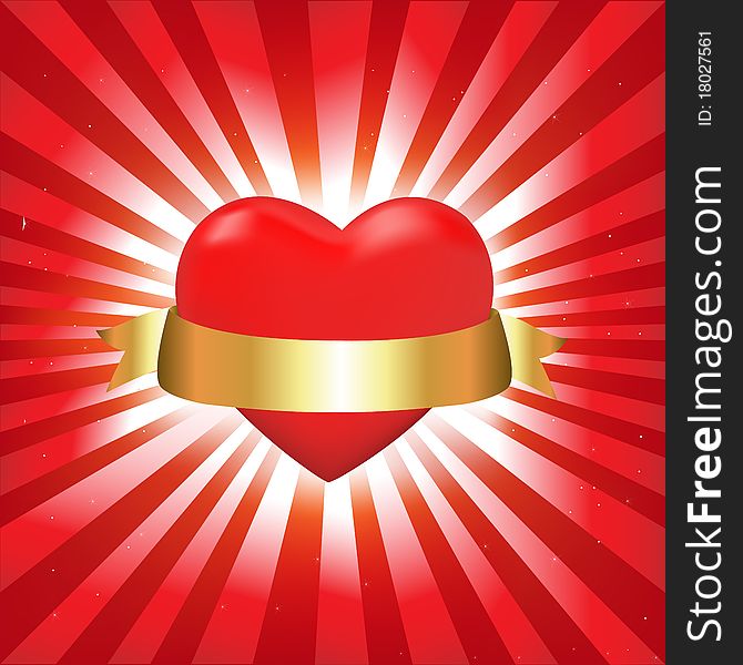 Heart With Gold Tape And Beams, Vector Illustration. Heart With Gold Tape And Beams, Vector Illustration