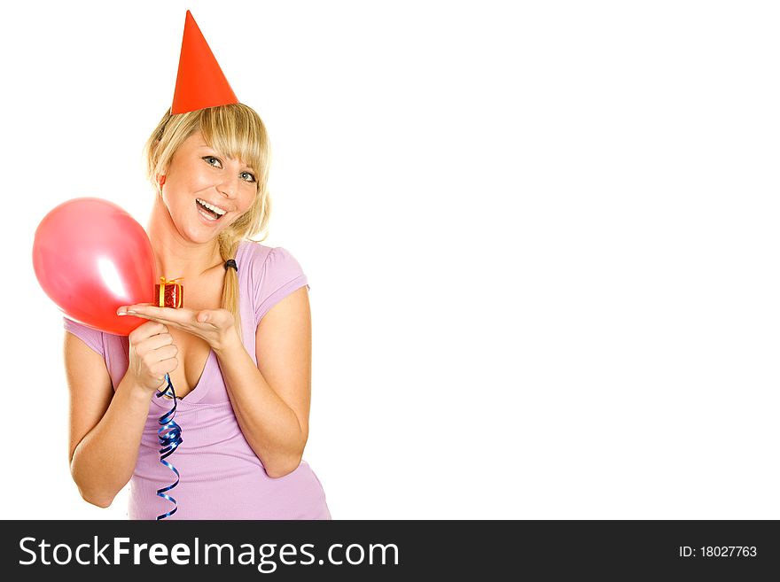 Close-up of an attractive young woman with balloons and smal gift box. Isolated on a white background