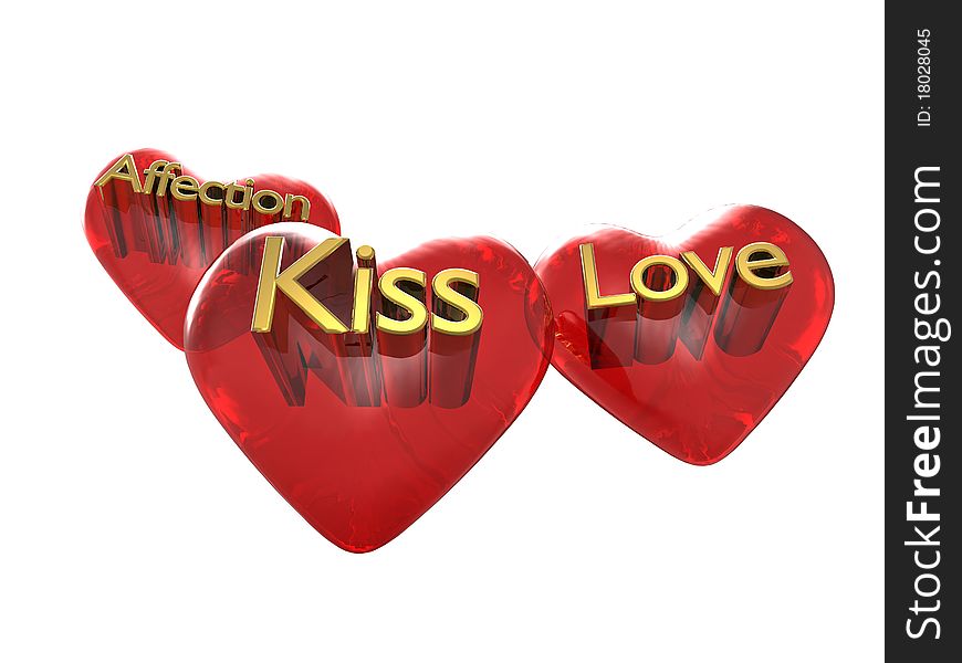 3d illustration of red glass hearts with encrusted letters. 3d illustration of red glass hearts with encrusted letters