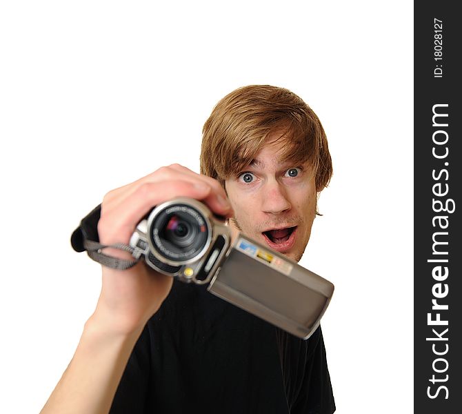 Young adult man holding an HD camcorder isolated on white background. Young adult man holding an HD camcorder isolated on white background