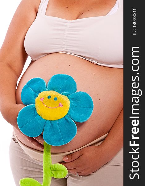 Close up of a pregnant belly over white background with a blue flower, concept expecting a baby boy. Close up of a pregnant belly over white background with a blue flower, concept expecting a baby boy