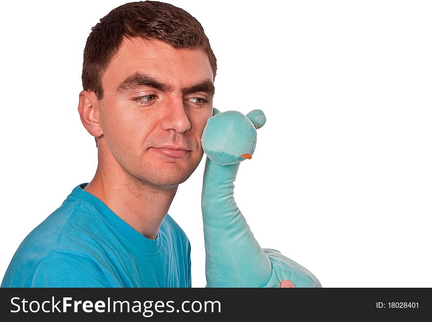 Cuddling with the blue teddy giraffe over white background