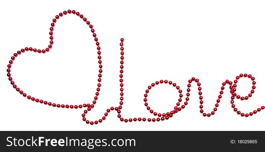 Symbol heart and word love of beads isolated on white background