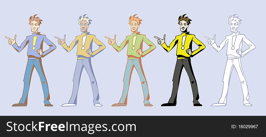 Set of illustrations of cartoon comics guy. Set of illustrations of cartoon comics guy