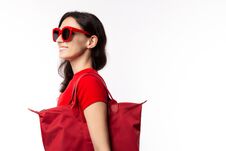 Fashionable Woman Hold Shopper Bag, Wear Retro Sunglasses With Happy Face. Attractive Beautiful Young Lady Going To Shopping In Royalty Free Stock Photo