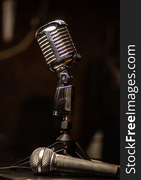 Microphone in dark recording studio