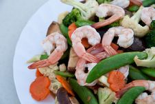 Thai Food Fried Mixed Vegetables With Shrimp Stock Photo