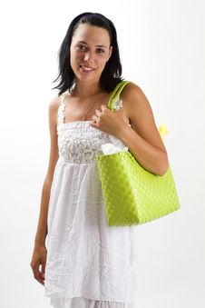 Woman In White Summer Dress With Shopping Bag Royalty Free Stock Image Woman In White Summer Dress With Shopping Bag Royalty Free Stock Image
